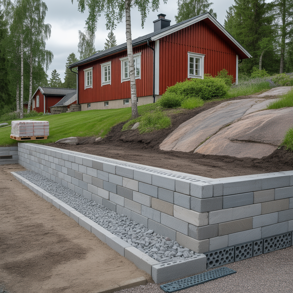 stodmur pa lutande tomt grundlaggning dranering kostnad