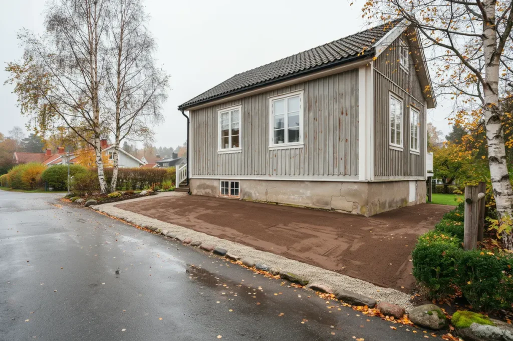 f rbered tomten f r h stens regn markarbete som skyddar husgrund k llare och uppfart